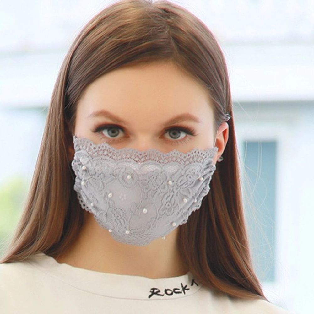 Beautiful Gray Lace Face Mask with Pearls